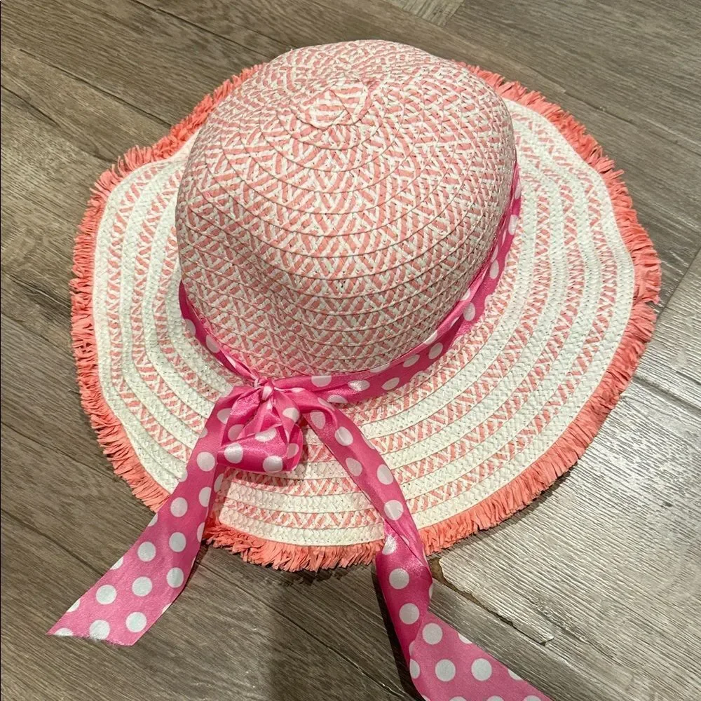 Pink and White Sun Hat with Polka Dot Ribbon